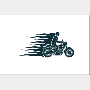 Simple biker pictogram emblem with a motorcycle racer and flames Posters and Art